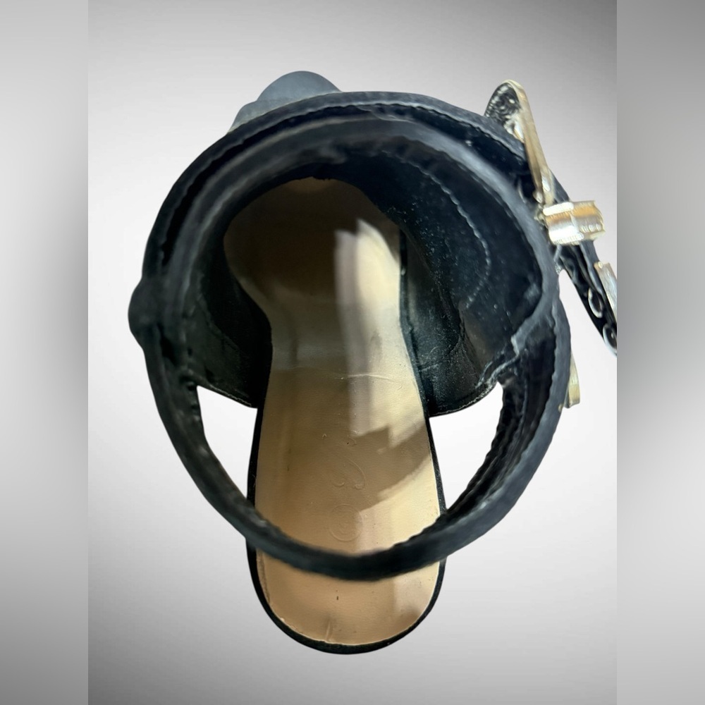 Black Faux Suede Peep Toe Block Heel Boots with buckle detailing Size 6 - Picture 7 of 15